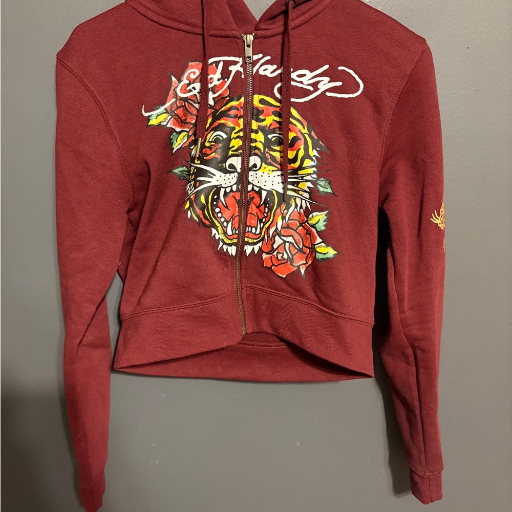 Ed Hardy Burgundy Hoodie with Tiger and Roses